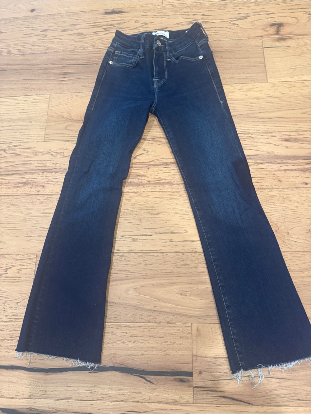 Dark Blue High-Rise Cropped Flare Jeans with Frayed Hem